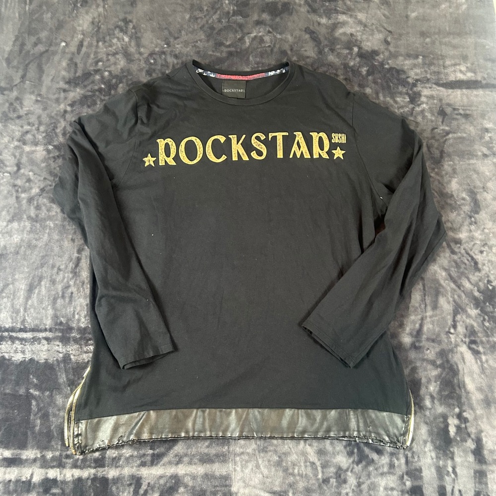Rockstar Sushi Long Sleeve Shirt Mens 3X Black Gold Logo Faux Leather Trim Zip‎
